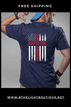 short sleeve navy t-shirt with patriotic design on the back.  White distressed American flag printed vertically on the back, with a red cross in the middle of the flag and "Man of God" written as the horizontal part of the cross. Man Warrior Of God Shirt, Mens Christian Shirts Superhero, Man Warrior Of God Personalized Shirt, Clothing Store Website, God And Country, Patriotic Clothing, Man Of God, Christian Shirts Designs, American Flag Design