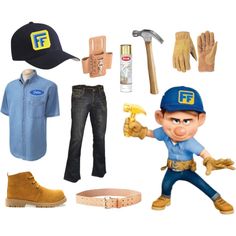 an assortment of construction related items including work gloves, safety gear and hats on display