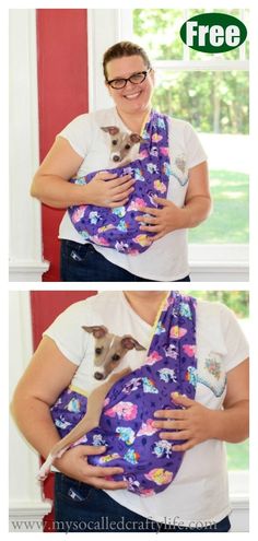 a woman holding a small dog in her sling