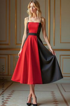 Olivia Mark - Elegant Colorblock Midi Dress - A Symphony of Red and Black Elegance Black Dress Elegant, Black Elegance, Flared Skirt, Center Stage, Fitted Bodice, Olivia Mark, Knee Length Dress, Flare Skirt, Red And Black