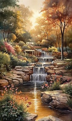 a painting of a waterfall in the middle of a wooded area with flowers and trees