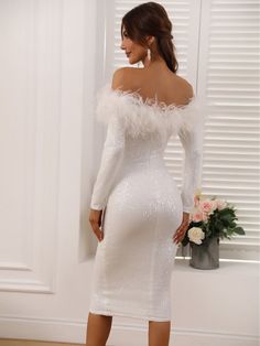 Long Sleeve White Cocktail Dress With Feathers On Top – Faeriesty Wedding Jamaica, White Christmas Dress, White Feather Dress, Dresses For Formal Events, Dress With Feathers, White Sequin Dress, Stile Casual Chic, Engagement Party Dresses, White Cocktail