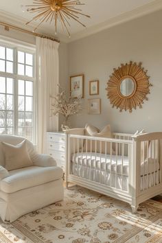 a baby's room with a white crib, chair and large mirror on the wall