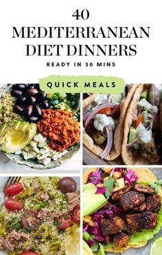 the cover of 40 mediterraneann diet dinners ready in 30 mins, including quick meals