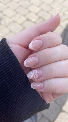 Kawaii Simple Nails, Korean French Nails, Bow Nail Ideas, Blushed Nails, Almond Gel X Nails, Coquette Nail Designs, Nail Inspo Natural Nails, Uñas Coquette, Bow Nails