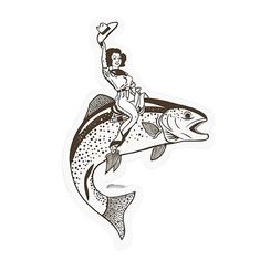 a woman riding on the back of a fish with her arms up in the air