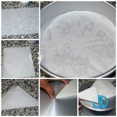 the process of making an ice cream cake is shown in four different pictures, including dough and icing