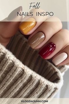 Fall Nail Inspo: Inspirations and Trends for Autumn - My Blog Skittle Nails Fall, Fall Skittles Nails, Fall Yellow Nails, Sandy Nails, Fall Nail Inspiration, 80s Nails, Nail Color Combinations, Best Nail Polish Brands, White Nails With Gold