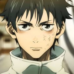 an anime character with black hair wearing a white jacket and looking at the camera while standing in front of a blurry background