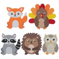 four different types of animals are shown in this image, including an owl, raccoon, and fox