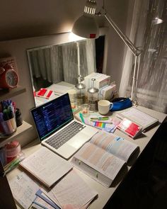 an open laptop computer sitting on top of a desk next to books and other items