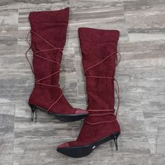 Unbranded Burgundy Velour With Vinyl Toes. Zippered Sides. Decorative Rope Lacing. Stiletto Boots, Thigh High, Shoes Heels Boots, Thigh Highs, Lady In Red, Shoes Women Heels, Heeled Boots, New Color, Shoes Heels