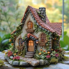 a small house with lots of windows and flowers on the roof is sitting on a rock