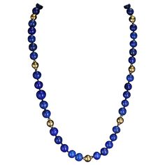 A statement necklace of Large Round & Smooth Lapis Lazuli Beads randing from 10MM to 11MM, and Gold Beads Necklace with a length of 30 Inches. GW: 504 cts Gold Beads Necklace, Chrysoprase Necklace, Necklaces Beaded, 1st Dibs, Diy Jewelry Necklace, Beaded Necklace Designs, Artisan Bracelets, Vintage Beads Necklace, Lapis Lazuli Necklace