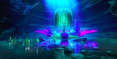 a scene from the animated movie how to train your dragon, which is lit up in blue and purple