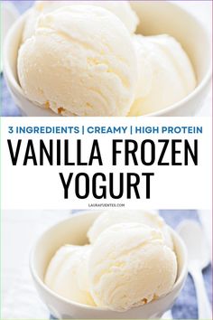 This Vanilla Frozen Yogurt recipe is delicious, high in protein, and super easy to make in the ice cream maker. It goes with every topping! Vanilla Yogurt Add Ins, Ww Frozen Yogurt, Protein Frozen Yogurt Recipe, Homemade Greek Yogurt Ice Cream, Homemade Frozen Greek Yogurt, Frozen Yogurt Ice Cream Recipe, Diy Yogurt Bars, Homemade Yogurt Ice Cream, Frozen Yogurt In Ice Cream Maker