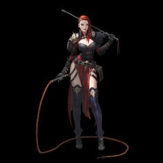 a woman with red hair and black clothes holding two swords in one hand while standing on a rope