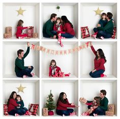 a collage of photos showing a man and woman opening presents