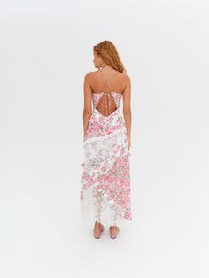 Rosalyn Maxi Dress — Pink | For Love & Lemons Chic Lace Trim Dress For Garden Party, Summer Silk Maxi Dress With Lace Trim, Silk Maxi Dress With Lace Trim For Summer, Chic Silk Maxi Dress With Lace Trim, Chic Long Dresses With Lace Trim, Chic Long Dress With Lace Trim, Spring Silk Dress With Lace Trim, Sleeveless Silk Dress For Day Out, Elegant Maxi Dress