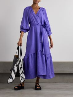 Eres' 'Joie' dress feels light and airy - a result of both the linen and the billowy, tiered silhouette. It's cut with a belted, wrap-effect front that falls to a maxi hemline. Style yours with woven accessories. Exclusive Dress, Linen Maxi Dress, Purple Dress, Wide Leg Trousers, Skirt Top, Net A Porter, In Fashion, Women Collection, Denim Dress