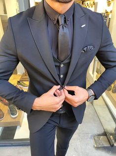 Black Slim Fit Three-piece Suit For Party, Black Three-piece Suit For Groom With Notch Lapel, Black Three-piece Suit With Notch Lapel For Groom, Black Three-piece Suit With Notch Lapel For Wedding, Classic Black Three-piece Suit For Groom, Black Single Breasted Blazer For Wedding, Black Single-breasted Blazer For Wedding, Tailored Black Suit For Groom, Black Tailored Suit For Groom