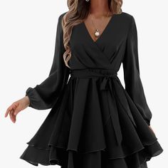 Long Sleeve Flowy Waist Tie Cocktail Dress. Size Small Never Worn Sleeved Short Dresses, Black Long Sleeve Dress Classy, Holiday Black Dress, Black Long Sleeve Dress Casual, Black Party Dress Classy, Outfits For Wedding, Homecoming Dresses Long Sleeve, Cute Black Dresses, Fancy Dress For Teens