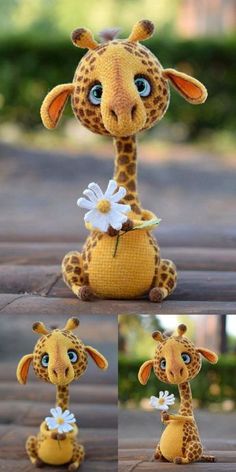 the stuffed giraffe is holding a flower in it's mouth and posing for pictures