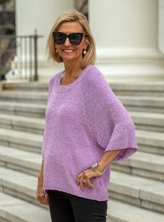 Take a look at our New Lavender Tape Yarn Three Quarter Sleeve Sweater Top Made out of soft lavender tape yarn Yarn content: 100% Acrylic Color: Lavender Loose body with open weave Three quarter length sleeves Crew neck with ribbed finish around the edge Ribbing detail in bottom and sleeves Back length from top to bottom 23" Lavender Knit Tops For Spring, Spring Lavender Knit Tops, Chic Purple Spring Sweater, Chic Purple Sweater For Spring, Spring Purple Textured Knit Sweater, Soft Lavender, Leopard Print Shorts, Dolman Sleeve Tops, Gingham Shirt