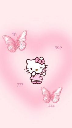 hello kitty wallpaper with two butterflies flying in the air and one butterfly on its back