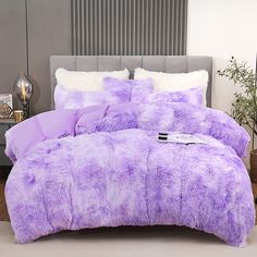 PRICES MAY VARY. 【LUXURY AND SOFT】 The front of the fluffy comforter cover is microfiber plush, which is super soft and comfortable. The back is silky velvet fabric that is delicate and skin-friendly, locking in warmth, gives you a warm and cozy sleep in the cold winter. 【WARM, COZY & STYLISH】 This fluffy bed set brings you the ultimate comfortable sleep experience, like sleeping on a cloud so you can fully relax in your bed. The stylish purple tie dyeing design adds luxury to your room and is t Purple Duvet, Faux Fur Bedding, Purple Duvet Cover, Fluffy Duvet, Fur Bedding, Fluffy Bedding, Modern Bedroom Decor, Down Comforter, Comforter Cover