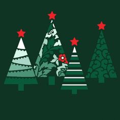 three christmas trees with red and white stars in the top, on a green background