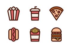 different types of food and drinks on a white background, such as pizza, fries, hotdogs, soda