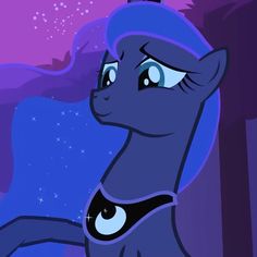 an animated pony with blue hair standing in front of a purple background and stars on the sky