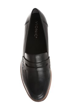 Chunky lugs lend street-savvy flair to a sleek leather loafer detailed with a penny keeper on the vamp and a pop of contrast on the welt. 1 3/4" heel; 1" platform (size 8.5) Removable, cushioned insole with arch support Leather upper/synthetic lining and sole Imported Fall Wingtip Platform Loafers For Work, Moc Toe Oxfords For Workwear In Fall, A Penny, Penny Loafer, The Vamps, Penny Loafers, Leather Loafers, Loafers For Women, Arch Support