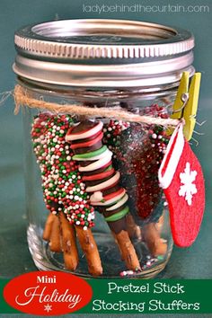 mini holiday pretzel stick stocking stuff in a jar