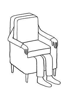 a black and white drawing of a recliner chair with legs crossed on the side