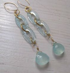 These earrings I have made with  faceted chalcedony heart briolettes in a pretty translucent pale aqua green hanging from a chain made with vintage Czech glass links from 1930. 14k gold-filled earwires (excellent quality- value equal to sterling silver) gift box included and free shipping in USA Nickel-free Czech Glass Crystal Earrings As Gift, Artisan Nickel-free Czech Glass Earrings, Nickel-free Brown Czech Glass Earrings, Artistic Czech Glass Nickel-free Earrings, Artisan Czech Glass Nickel-free Earrings, Chalcedony Earrings, Silver Gift Box, Pale Aqua, Aqua Chalcedony