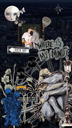 an altered photograph of a person sitting in front of a street sign that says where's my mind?