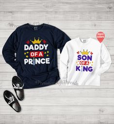 "HOW TO ORDER 1-) Please, Check and Review all Photos. 2-) Select Your Shirt Style and Size. 3-) Select Your Product Color, and shirt size. 4-) Personalization Required: Please Enter Design: A) Daddy Of A Prince B) Son Of A King Example: Son Of A King *Each Item Sold Separately 5-) Click ADD TO CART and You can go back to add more product color to your family members and text colors or You can complete the checkout process. 6-) After You added your note, Please Click \"Proceed to Check Out\" 7-) White Long Sleeve Shirt For Family Matching, Father's Day Family Matching Long Sleeve Tops, Son Of A King, Paris Themed Birthday Party, Mom And Me Shirts, Homeschool Shirts, Matching Mom, A Prince