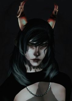 a woman with black hair and horns on her head is wearing a chain around her neck