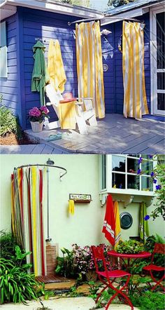 two pictures side by side, one is blue and the other has yellow striped curtains