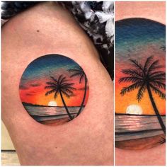 two pictures of the same sunset with palm trees on each side of the thigh, and an orange sky behind them