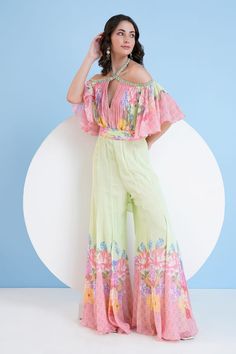 Pink and green jumpsuit with ruched cut-out bodice on a floral print base. - Aza Fashions Jumpsuit For Women, Blossom Print, Green Jumpsuit, Printed Jumpsuit, Aza Fashion, Halter Neck, Jumpsuits For Women, Pink And Green, Bodice