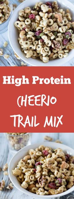 two bowls filled with cereal and nuts on top of a wooden table in front of the words high protein hero trail mix