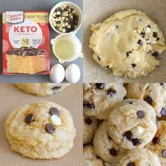 chocolate chip cookies, eggs and butter on a baking sheet next to a bag of keto