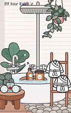 a bathroom scene with a bathtub and potted plant