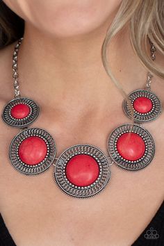 Bright red stones, pressed into round antiqued silver frames featuring dot and interlinking loop motifs, create a dramatically rustic statement as they link across the collar. Features an adjustable clasp closure. Red Stone Necklace, Stone Necklaces, Red Stones, Red Necklace, Silver Frames, Jewelry Fashion Trends, Deco Engagement Ring, Paparazzi Accessories, Cat Earrings