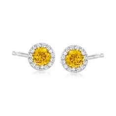 Gabriel Designs .46ct t. w. Citrine Halo Earrings, Diamond Accents. From Gabriel Designs, these classic halo earrings embrace vibrant gemstone color! Featuring sunny .46 ct. t. w. round citrines bordered by diamond accents and set in 14kt white gold. Post/clutch, Gabriel Designs citrine halo earrings. Citrine birthstones are the perfect gift for November birthdays. Yellow Halo Design Earrings In Fine Jewelry, Yellow Halo Design Fine Jewelry Earrings, Yellow Halo Design Earrings Fine Jewelry, Fine Jewelry Yellow Earrings With Halo Design, Yellow Round Earrings With Prong Setting, Formal Yellow Earrings With Halo Setting, Classic Yellow Earrings With Brilliant Cut, Yellow Halo Design Earrings For Gift, Citrine Birthstone