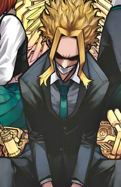 an anime character with blonde hair sitting in front of two other characters wearing black suits and green ties