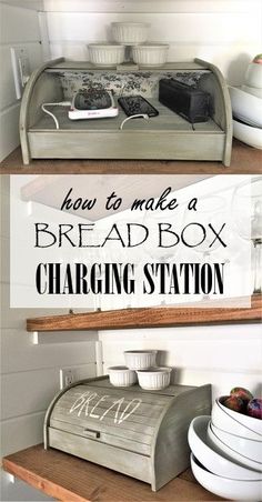 two pictures with the words how to make a bread box charging station on top and below